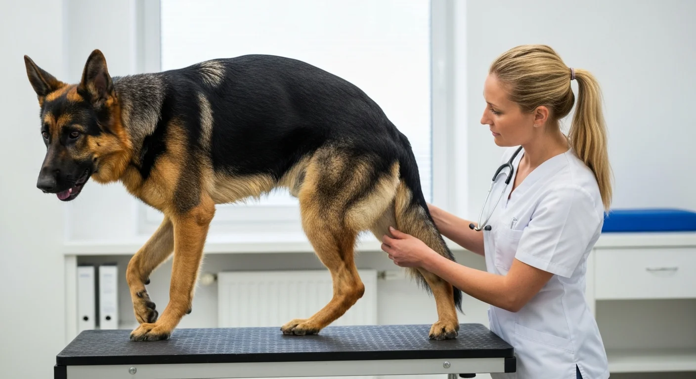 German Shepherd dog being evaluated by veterinarian for orthopedic joint health screening