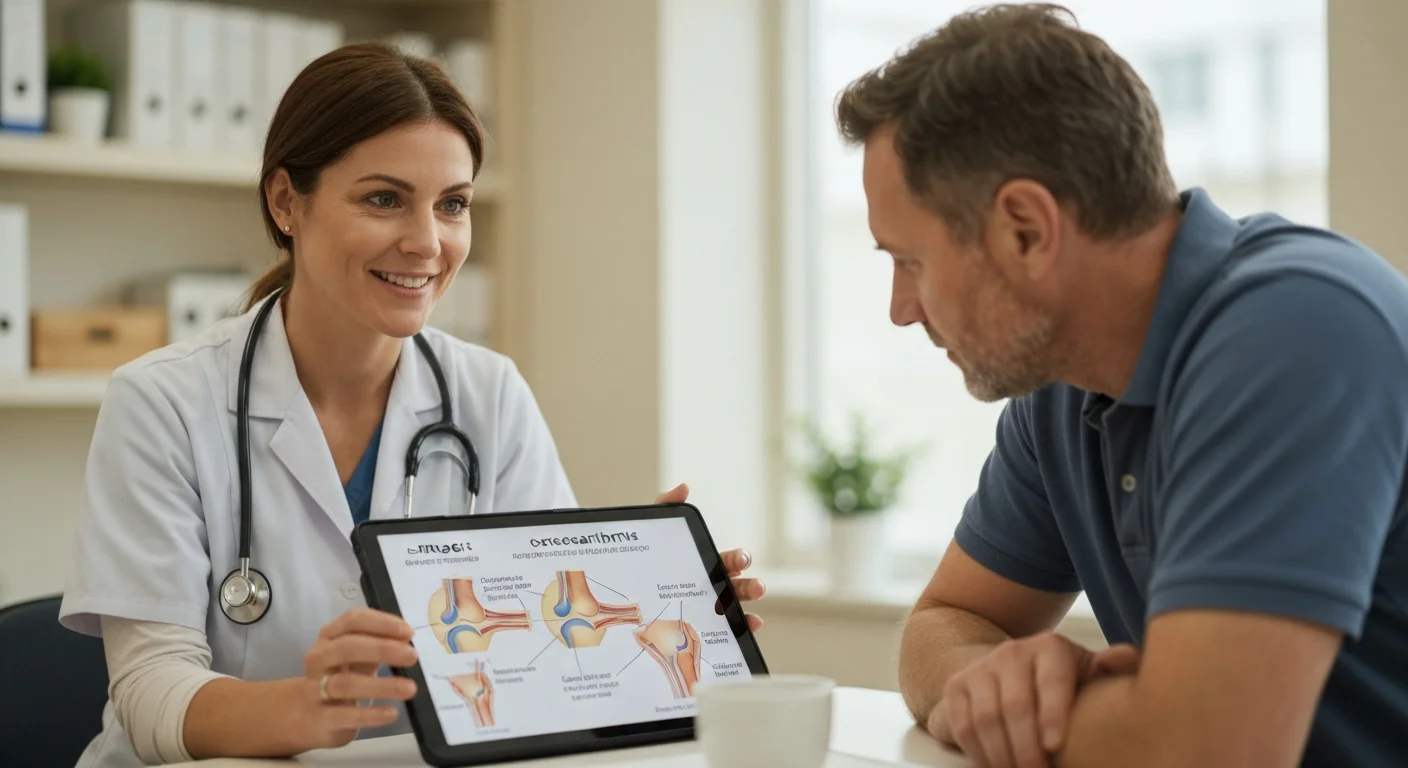 Veterinarian explaining osteoarthritis progression stages with diagram to concerned owner