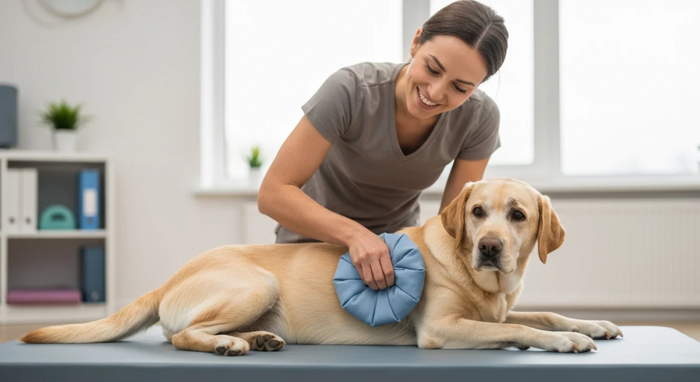 Gentle cold pack being applied to dog joint area by experienced physiotherapist