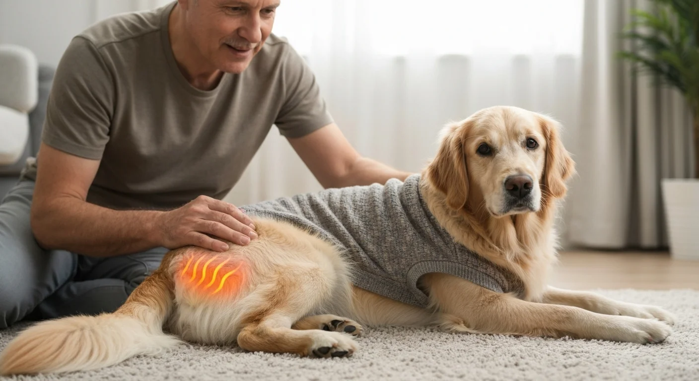 Warm heat therapy pad being used on dog with chronic joint pain under owner supervision