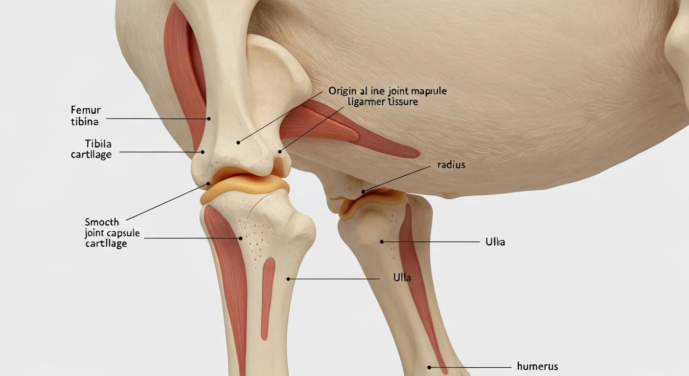 Detailed veterinary model showing dog hip and elbow joint anatomy and cartilage structure