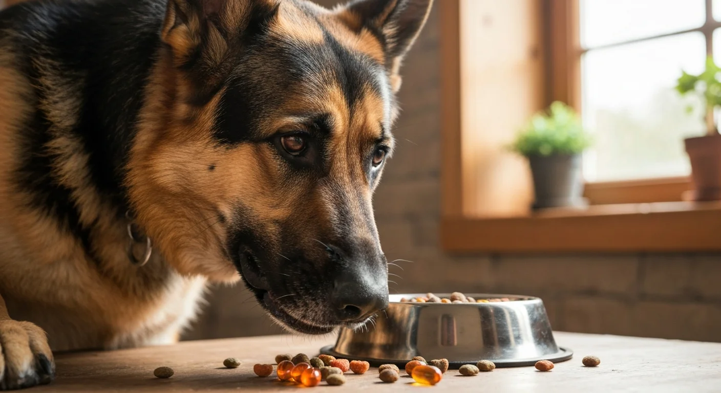 German Shepherd dog eating specialized orthopedic support diet with omega-3 supplements