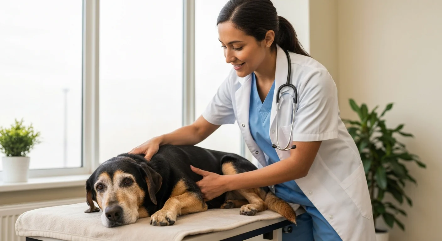 Senior dog receiving gentle joint massage and mobility assessment from caring veterinarian